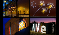 The project aglow. Illuminated wall murals and project identification. Photo credit: Vivian Marie Doering and Ashton Design